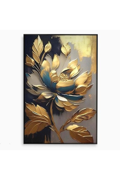 Luxcanva Tablou Canvas Gold Flowers 100x150 cm cu Rama Negru Living Floare Auriu