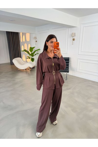 Elif Özbey Butik Kahverengi Beli Pensli Gold Kemerli Takım