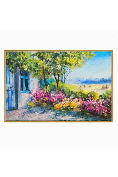 Luxcanva Tablou Canvas Casuta Albastra 100x70 cm cu Rama Auriu Decorativ Livi...