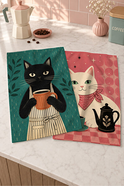 Evmila Cat Café Duo Set de prosoape de bucătărie din 2 piese, cu model de pisică și cafea alb-negru, drăguțe și moderne, 35x55