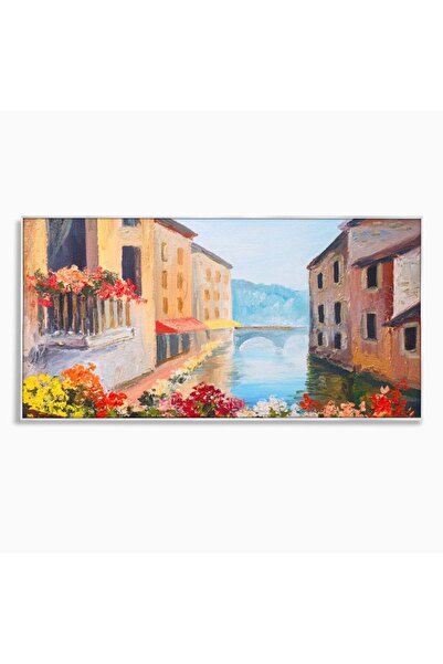 Luxcanva Tablou Canvas Flori La Fereastra 100x50 cm cu Rama Argintiu Peisaj F...