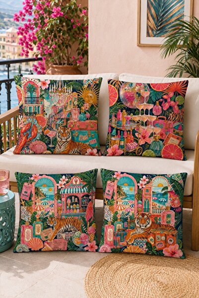 EVPANYA Seaside Tiger Patterned 4-Piece Throw Pillow Cover Set