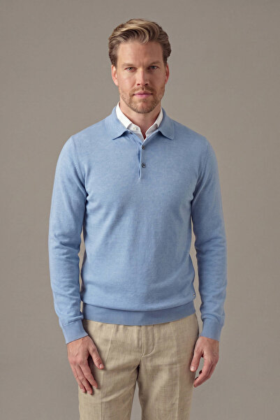 Hemington Extrafine Merino Gök Mavi 3 Düğme Polo Triko