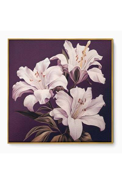Luxcanva Tablou Canvas 3 Crini Albi 120x120 cm cu Rama Auriu Living Flori Natura