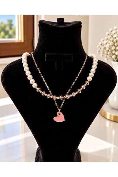 İnci ve Kristal Taşlı Pembe Kalp Kolye