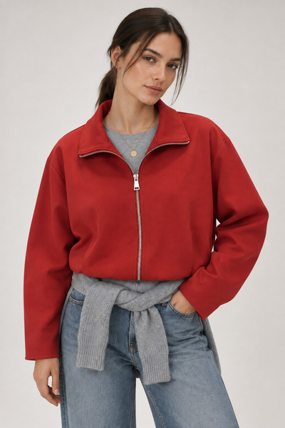 Mixray 4974 Women's Stand Collar Elastic Waist Zippered Bomber Jacket Red