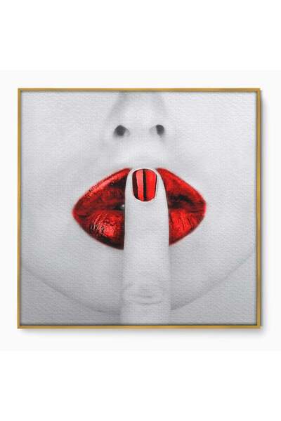 Luxcanva Tablou Canvas Red Lips 90x90 cm cu Rama Auriu Senzual Rosu Nails