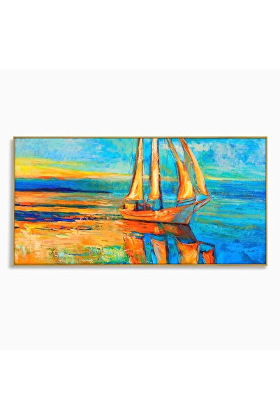 Luxcanva Tablou Canvas Pescar In Barca 120x60 cm cu Rama Auriu Peisaj Mare Po...