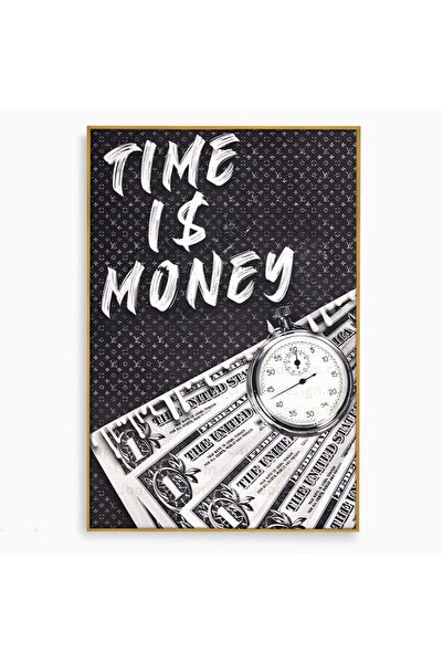 Luxcanva Tablou Canvas Time Is Money 50x70 cm cu Rama Auriu Room Ceas Timp