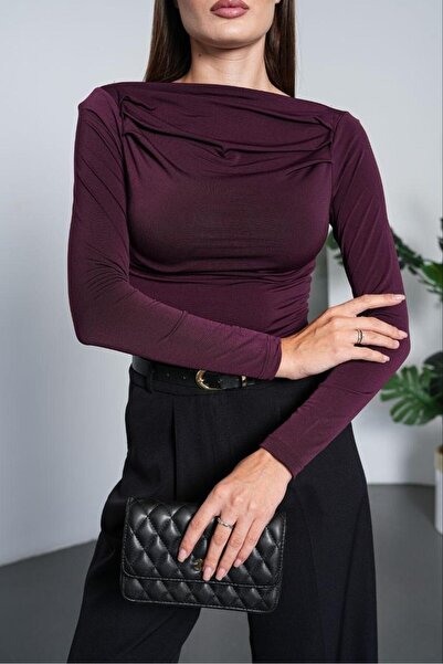 NEW JOURNAL Women's Plum Boat Neck Drape Detailed Blouse Pc7006