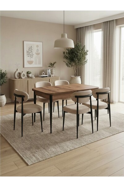 Concept Ayz Home Sofia Serisi 6 Kişilik Krem Oscar Kumaş 80*130 Antik Çam Açı...