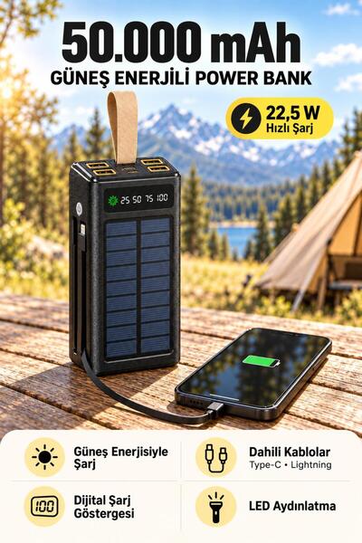 kawigo 50.000 mAh Powerbank 22.5W Hızlı Şarj Solar Powerbank Dahili Kablolu LED Fenerli Powerbank
