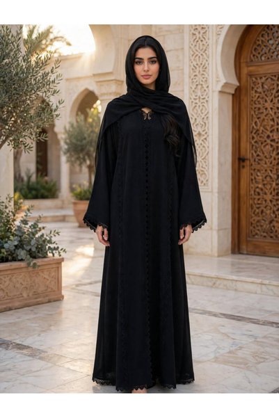IKKXA Elegant Lace Trimmed Abaya with Draped Hijab