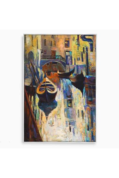 Luxcanva Tablou Canvas Gondola 70x100 cm cu Rama Argintiu Pod Barci Case