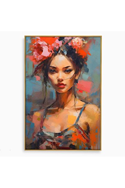 Luxcanva Tablou Canvas Fata Cu Flori In Par 100x150 cm cu Rama Auriu Room Fem...