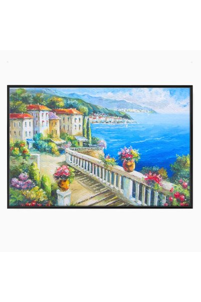 Luxcanva Tablou Canvas Case Pe Malul Marii 150x100 cm cu Rama Negru Peisaj Fl...
