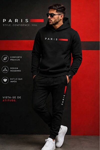 LELVANİ Men's Red Paris Printed Hooded Tracksuit Set