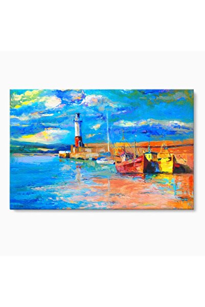 Luxcanva Tablou Canvas Barci In Port 60x40 cm pe Sasiu Lemn Peisaj Far Apus d...
