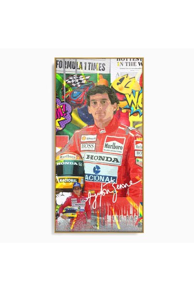 Luxcanva Tablou Canvas Ayrton Senna cm cu Rama Auriu Decorativ Pilot Curse Fo...