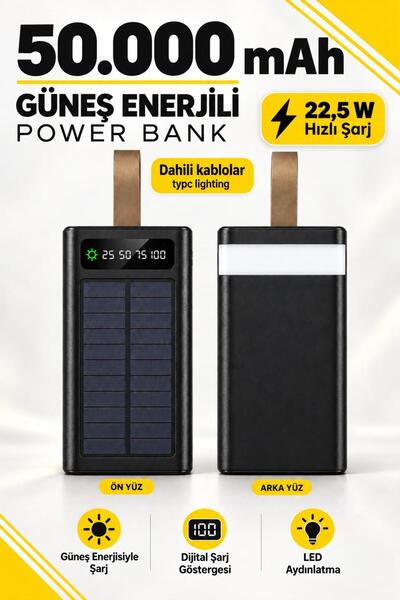 kawigo 50.000 mAh Powerbank 22.5W Hızlı Şarj Solar Powerbank Dahili Kablolu LED Fenerli Powerbank