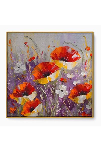 Luxcanva Tablou Canvas Flori Salbatice 140x140 cm cu Rama Auriu Room Maci Natura