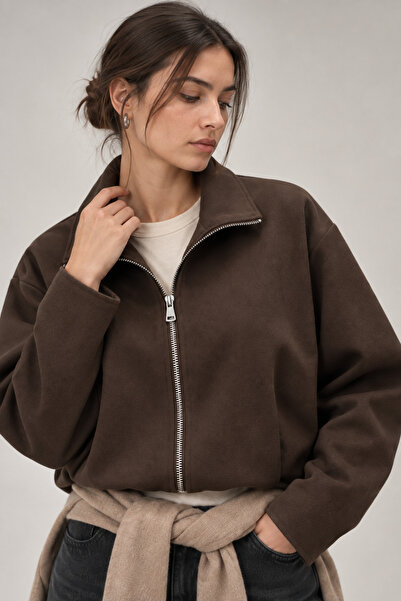 Mixray 4974 Women's Stand Collar Elastic Waist Zippered Bomber Jacket Brown