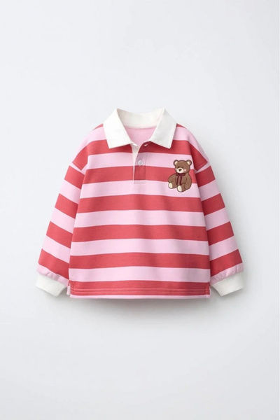 Kidmark Çocuk Modası Girl's Teddy Bear Printed Collared Striped Pink Sweatshirt