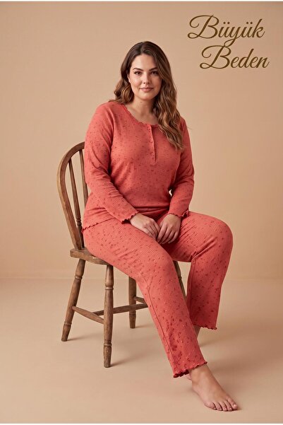 cotonhause Kadın Uzun Kol Raporlu İnterlok Büyük Beden Kiremit Pijama Takımı C6T4N28