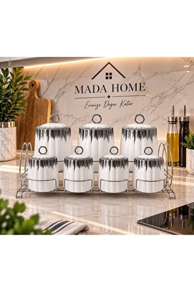 Mada Home 7 Parça Seramik Baharatlık Seti Gümüş Kapaklı Dekoratif Standlı