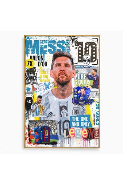 Luxcanva Tablou Canvas Lionel Messi 120x80 cm cu Rama Auriu Decorativ Sport F...