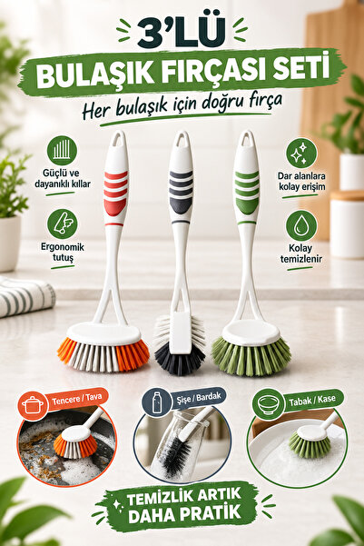 Tasarım Evi 3-Piece Practical Brush Set - Bathroom, Sink and Dish Brush Set -...