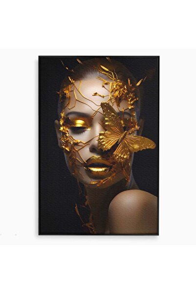 Luxcanva Tablou Canvas Gold Butterfly 100x150 cm cu Rama Negru Living Frumuse...