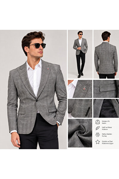 SABRİ ZENGİN Erkek Slim Fit Ekose Desenli Blazer Tek Düğme Ceket