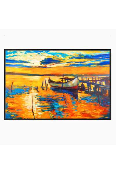 Luxcanva Tablou Canvas Barca La Apus 100x70 cm cu Rama Negru Ponton Portocali...