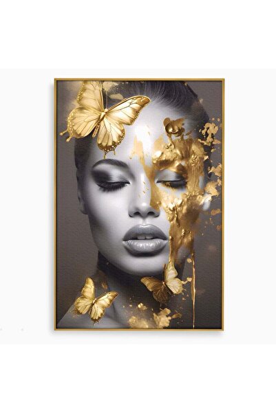 Luxcanva Tablou Canvas Vraja Fluturilor 50x70 cm cu Rama Auriu Living Femeie ...