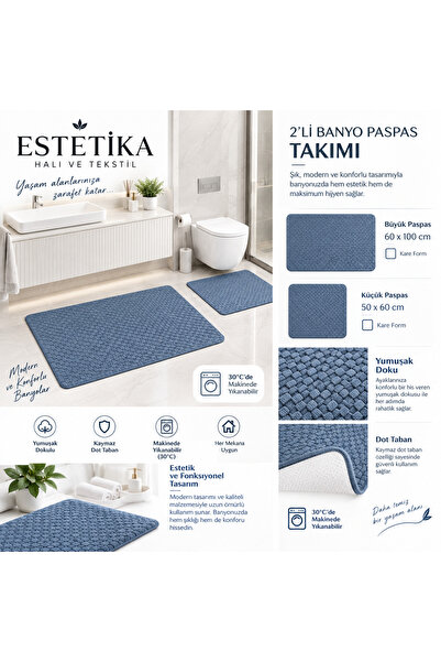 ESTETİKA Aqua Soft 2’li Banyo Paspas Takımı 60x100 + 50x60 cm | Kaymaz Dot Ta...