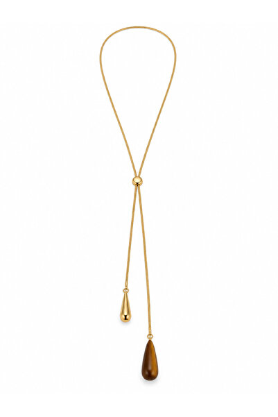 Lisse.co Brown Gold Stone Long Bronze Chain Steel Necklace with Elevator Design