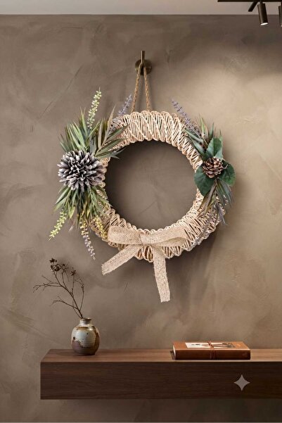 MoodConcept Dekoratif Hasır Rattan Bambu Kapı Çelengi – El Yapımı Çiçekli Duv...