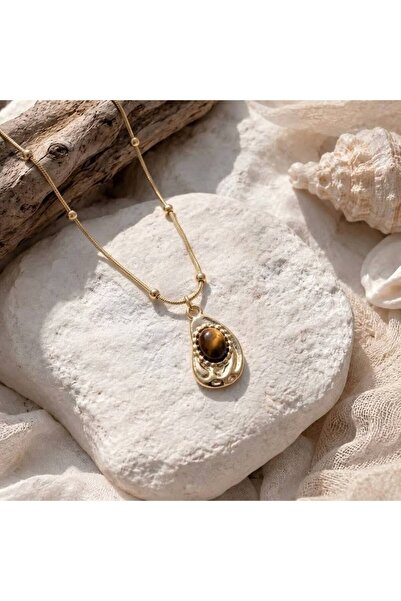 TulipeAtelier Kaplan Gözü Taşlı Gold Damla Plaka Kolye