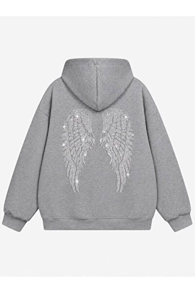 Mad&Calf Kadın Wing Taş Baskılı Kapüşonlu Oversize Sweatshirt