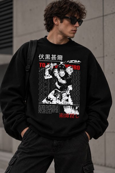 Dupe Design سويت شيرت أسود كبير الحجم مطبوع عليه Jujutsu Kaisen Toji Fushiguro للجنسين - تصميم أنيمي مانغا