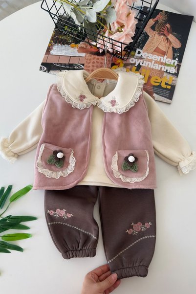 Minigimin Cicileri Girl's 3-Piece Winter Set with Floral Embroidery and Lace ...