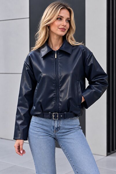 HİRAMİR İçi Rengine Renk Kürklü Oversize Kadın Deri Ceket Mont KS2605