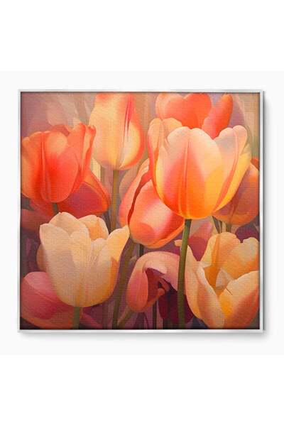 Luxcanva Tablou Canvas Buchet Cu Lalele 90x90 cm cu Rama Argintiu Dormitor Fl...