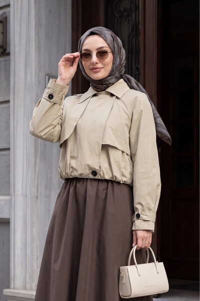 Modamorfo Bolero Detailed Elastic Waist Crop Jacket -Beige