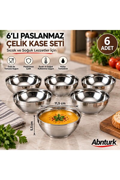 abnturk 6 Adet Paslanmaz Çelik Çift Cidarlı Yalıtımlı Kase-Düşmeye ve Darbeye...