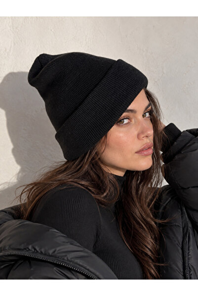 Luminos Butik Black Folded Soft Textured Knitwear Beanie Bere1159