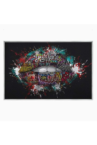 Luxcanva Tablou Canvas Buze Graffiti 100x70 cm cu Rama Argintiu Pop Art Urban...