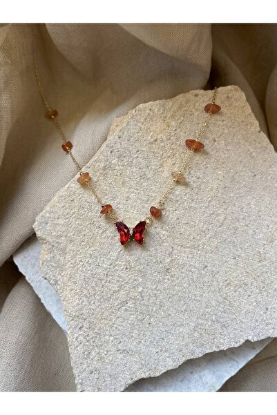 TulipeAtelier Akik Taşlı Kırmızı Kristal Kelebek Kolye