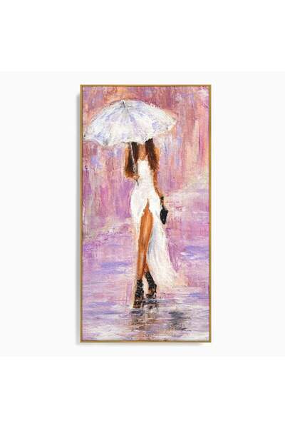 Luxcanva Tablou Canvas Femeia cu Umbrela Alba 70x140 cm cu Rama Auriu Feminit...